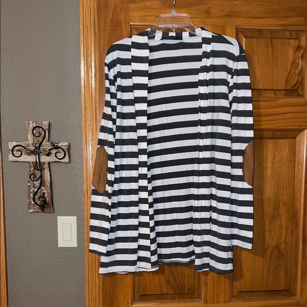 Grey and White Striped Cardigan with Elbow Patches